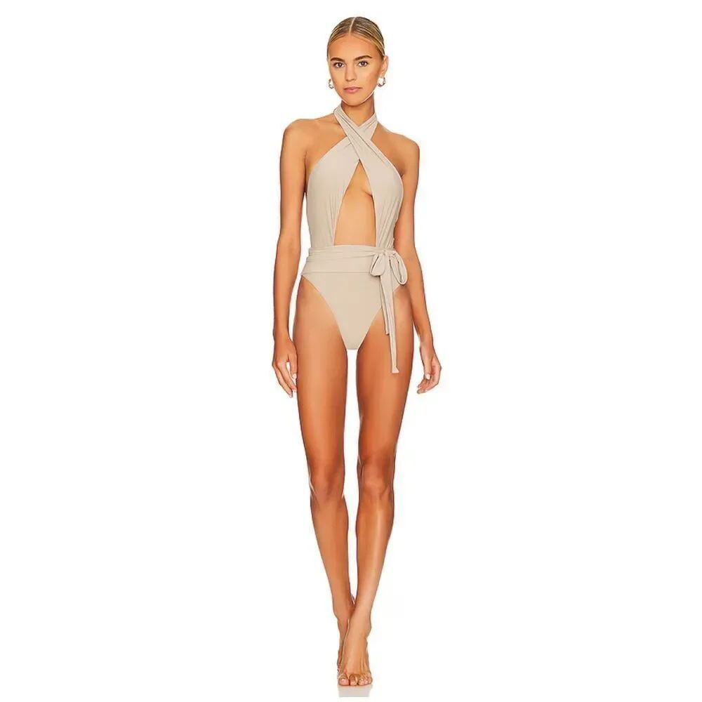 PQ Swim Women's L Alex One Piece Halter Cutout Swimsuit Oyster Beige Trendy New